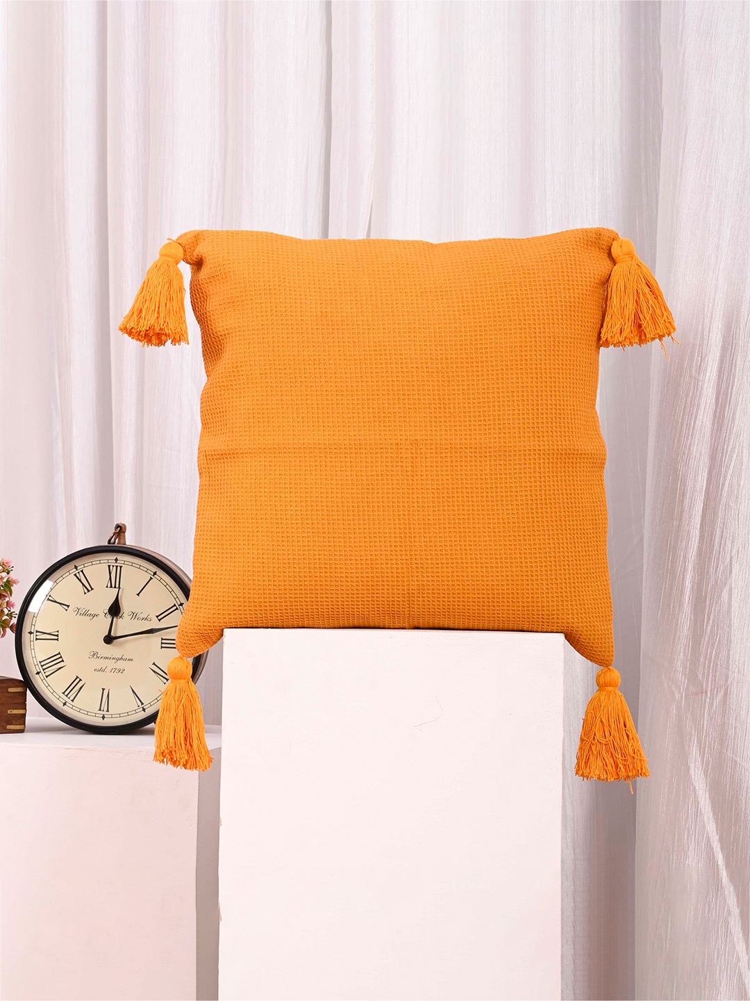 

OUSSUM Orange 2 Pieces Square Cotton Cushion Covers With Tassels