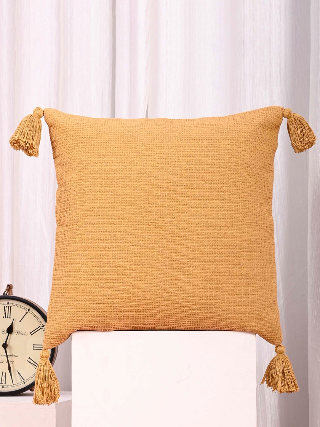 

OUSSUM Beige 2 Pieces Square Cotton Cushion Covers With Tassels