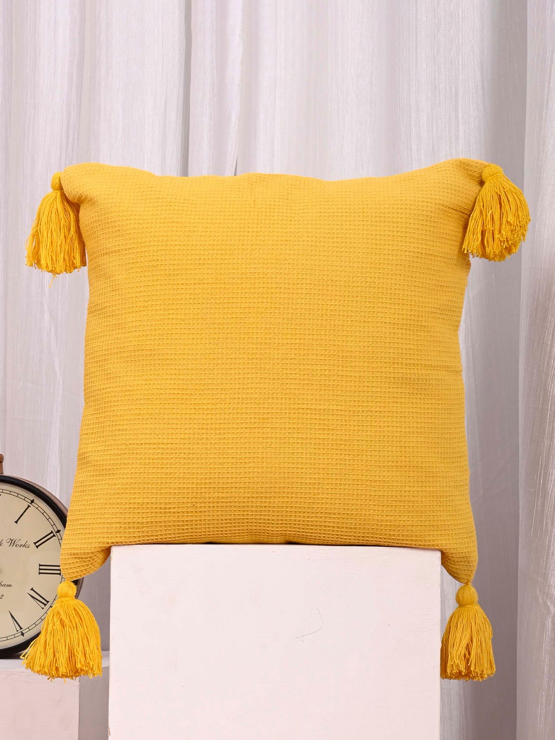 

OUSSUM Yellow 2 Pieces Cotton Square Cushion Covers With Tassels