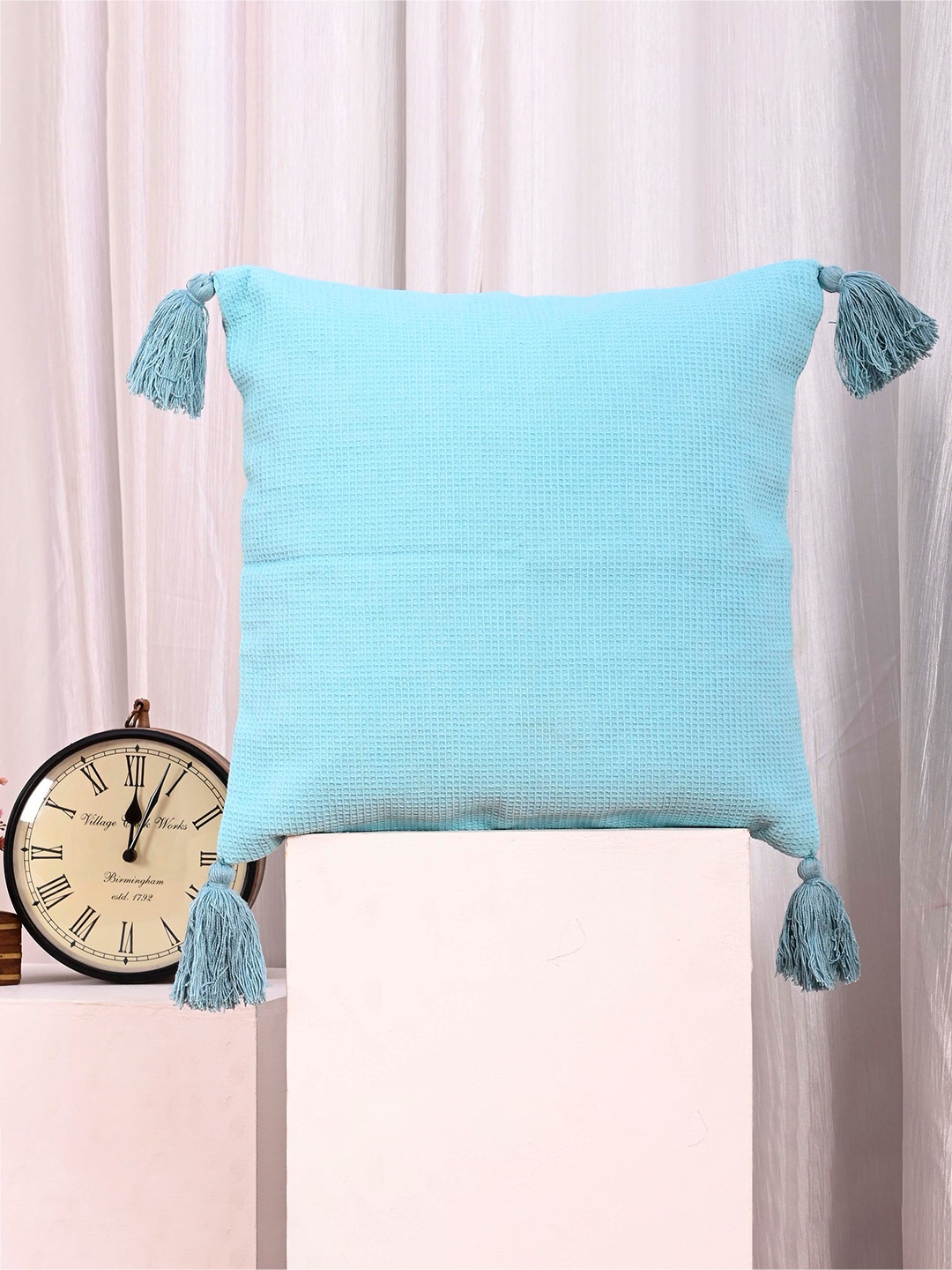 

OUSSUM Blue 2 Pieces Cotton Square Cushion Covers With Tassels