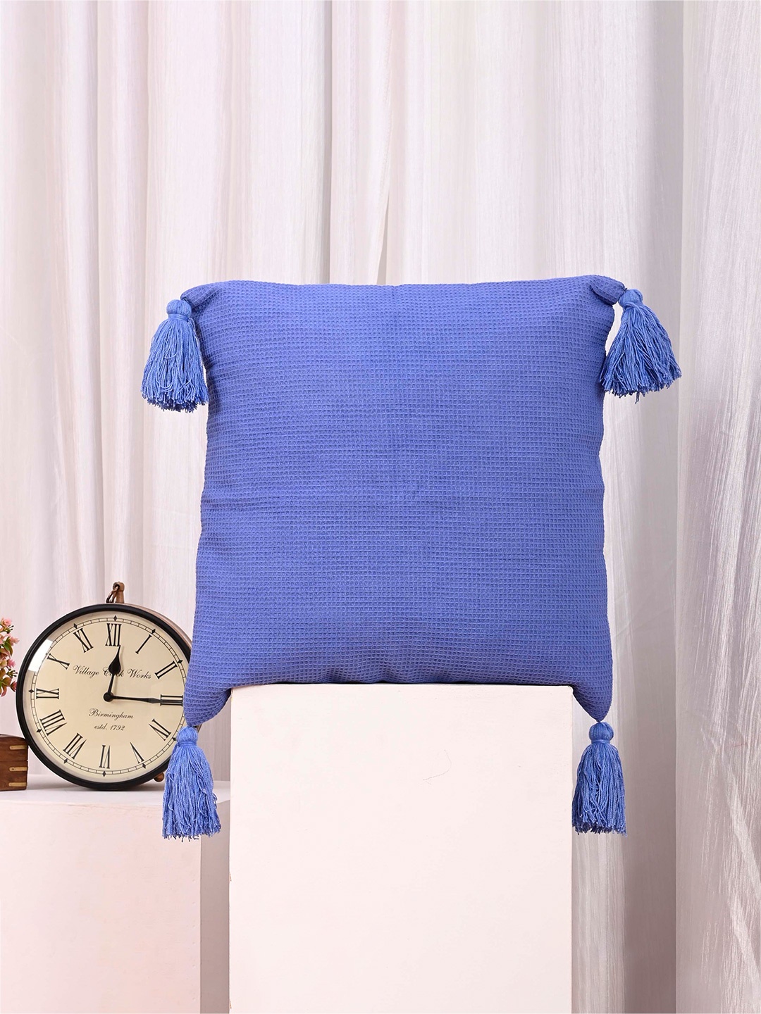 

OUSSUM Blue 2 Pieces Cotton Square Cushion Covers With Tassels