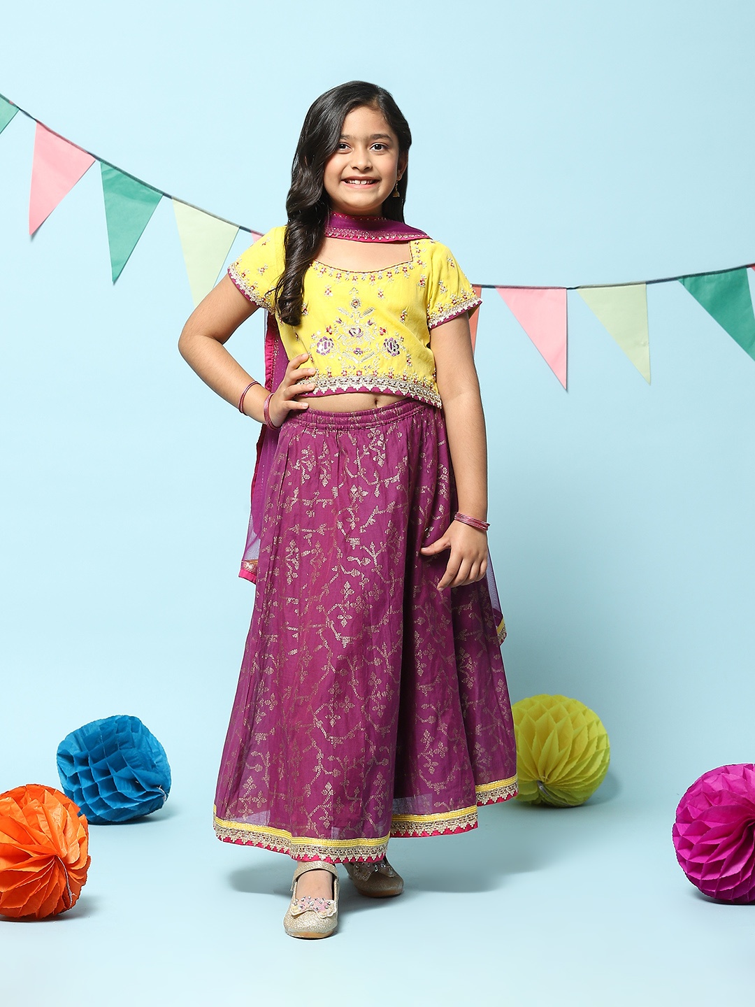 

Biba Girls Embroidered Thread Work Ready to Wear Lehenga & Blouse With Dupatta, Yellow