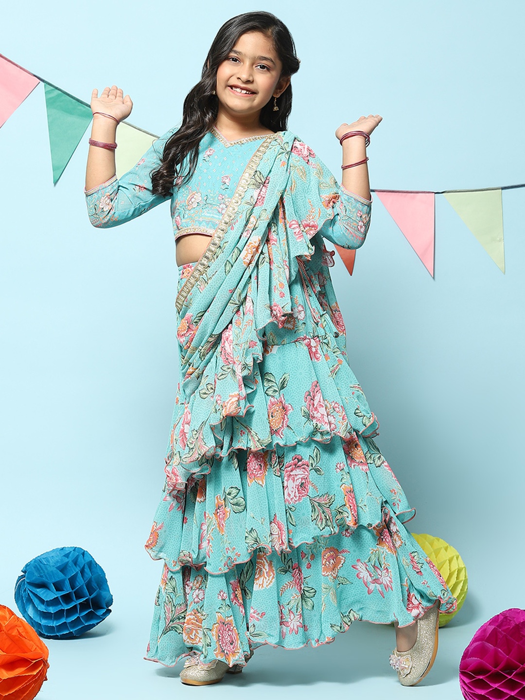 

Biba Girls Floral Printed Ready to Wear Lehenga & Blouse With Dupatta, Turquoise blue