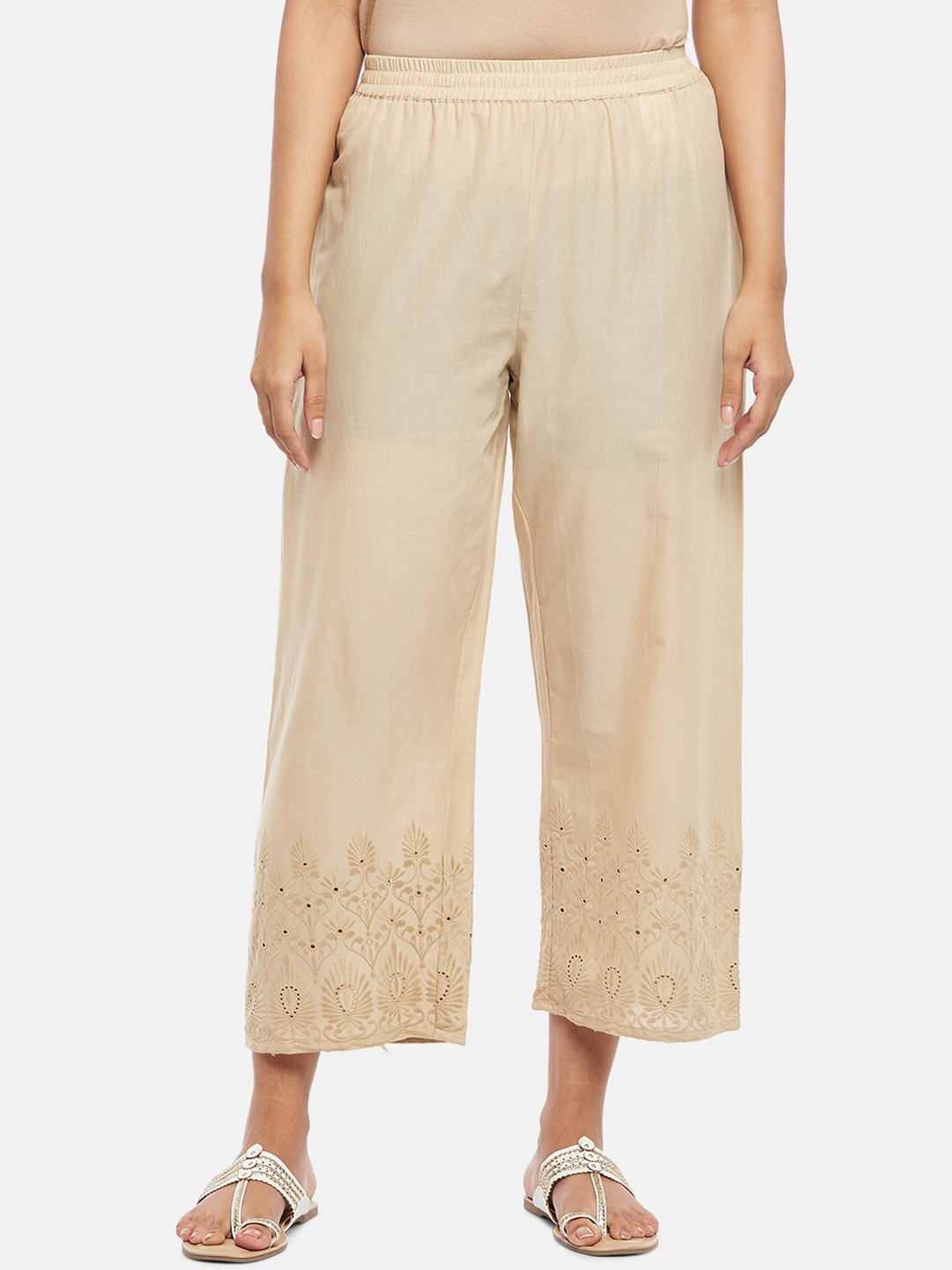 

RANGMANCH BY PANTALOONS Women Self Design Cotton Parallel Trousers, Beige