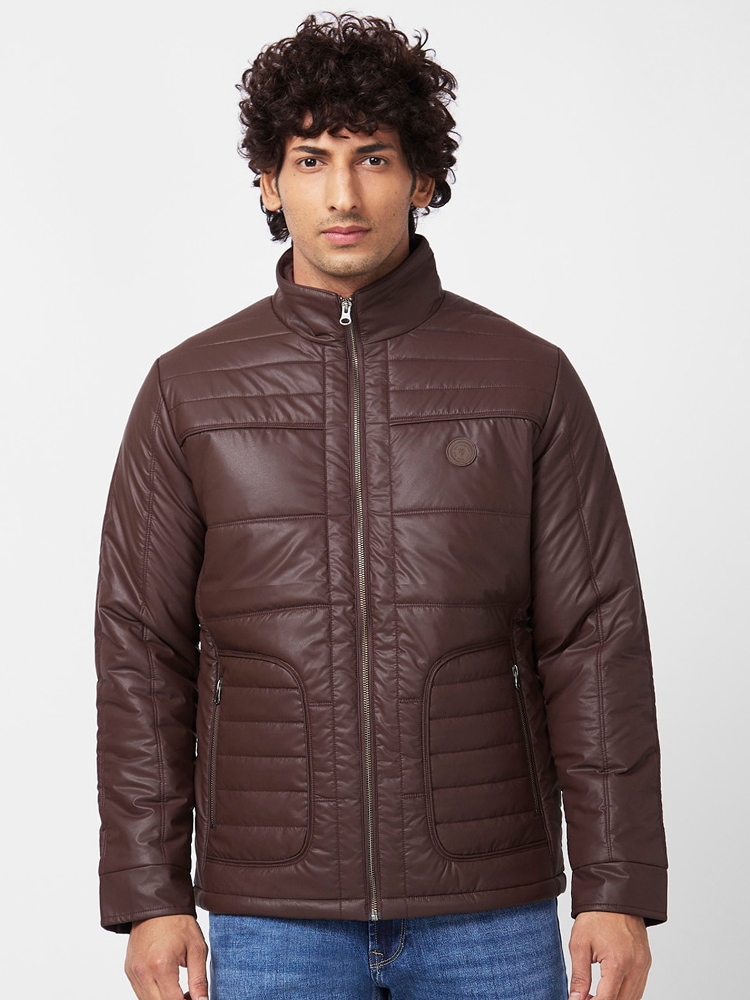 

SPYKAR Mock Collar Slim Fit Puffer Jacket, Brown