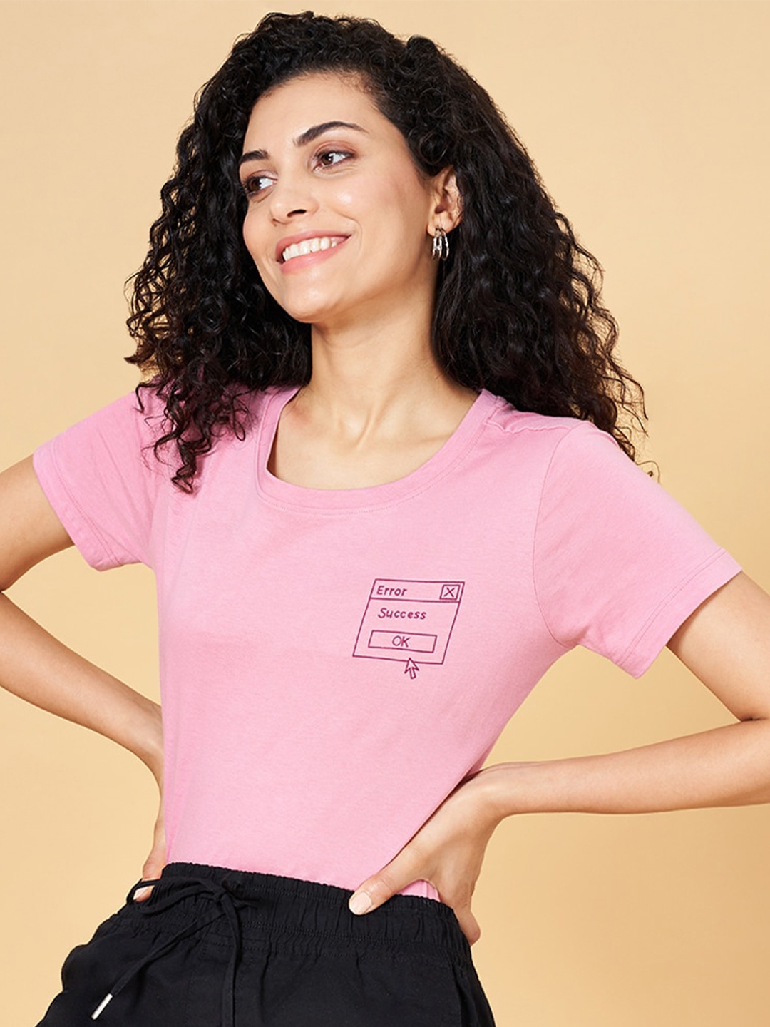 Honey by Pantaloons Typography Printed Regular Fit Cotton T-shirt, Pink