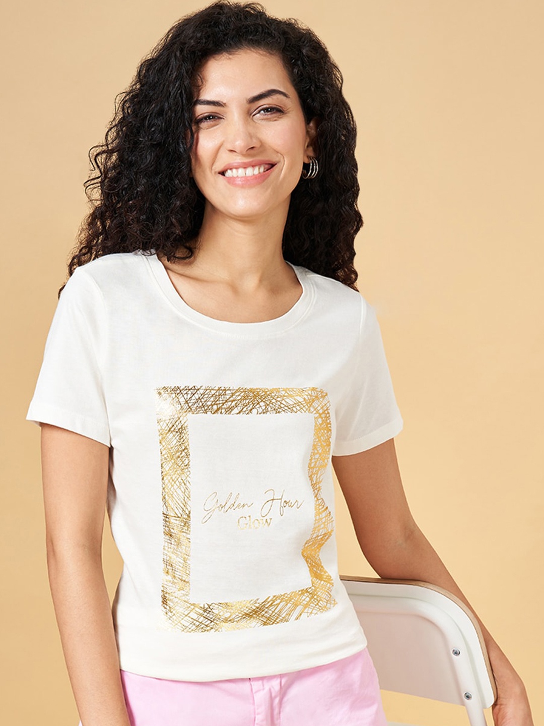 

Honey by Pantaloons Typography Printed Regular Fit Cotton T-shirt, Off white