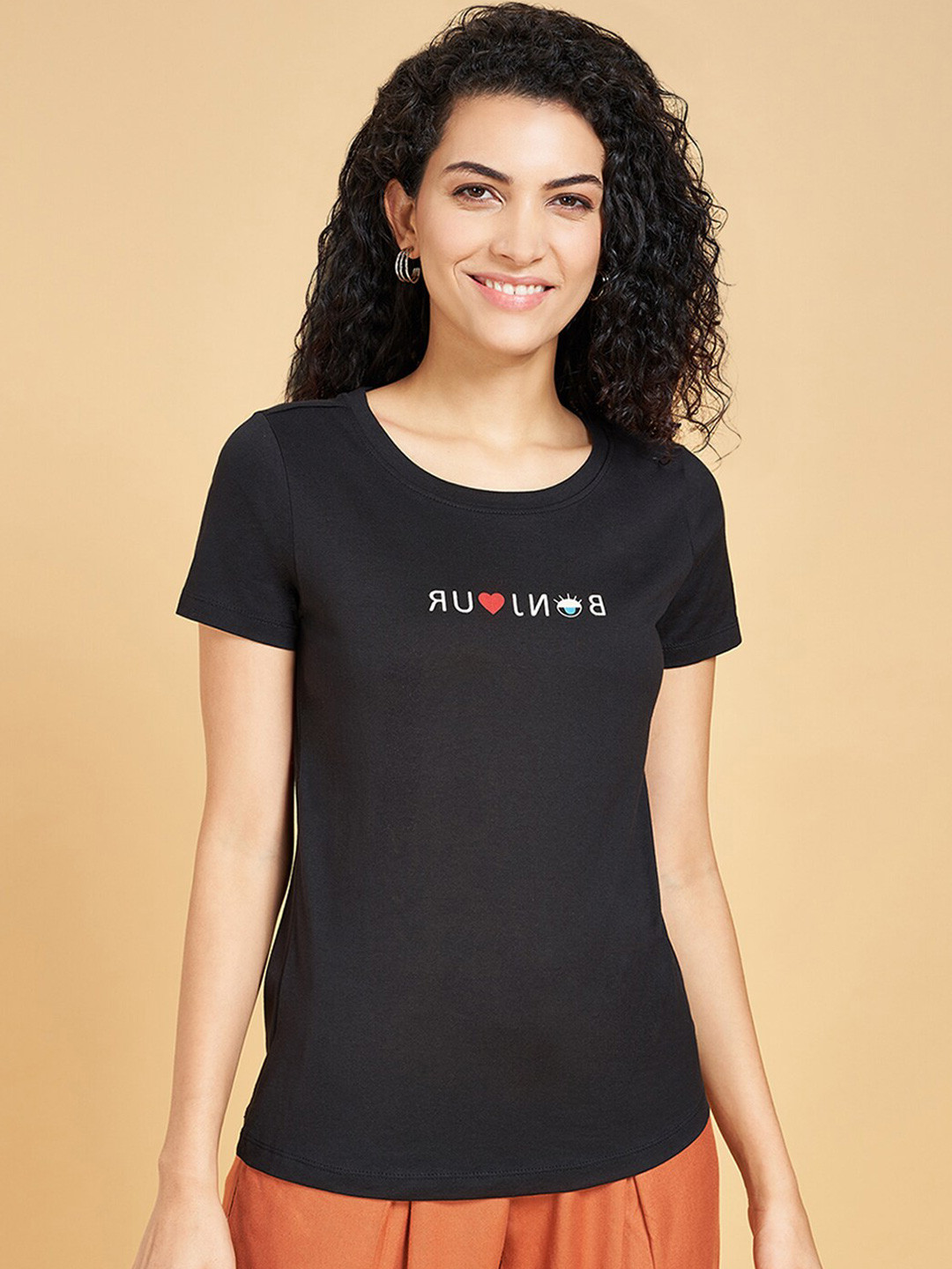 

Honey by Pantaloons Typography Printed Regular Fit Cotton T-shirt, Black
