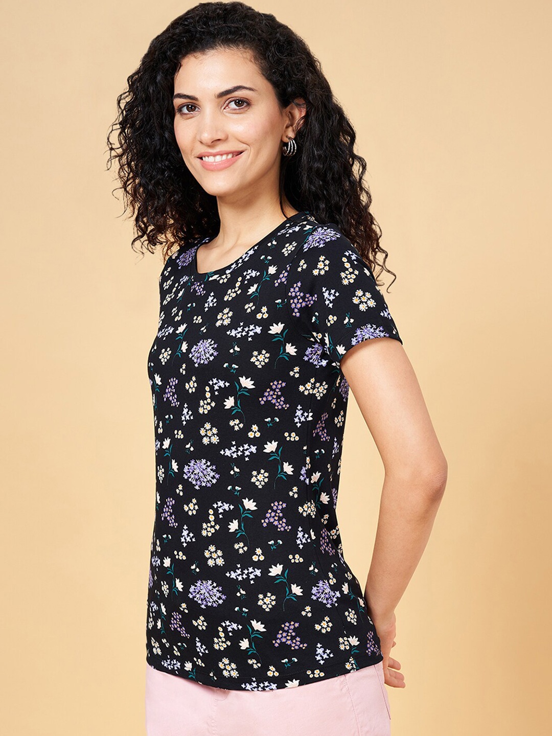 

Honey by Pantaloons Floral Printed Regular Fit Cotton T-shirt, Black