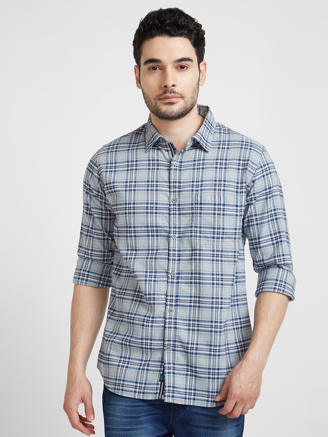 

SPYKAR Tartan Checks Classic Cotton Casual Shirt, Grey