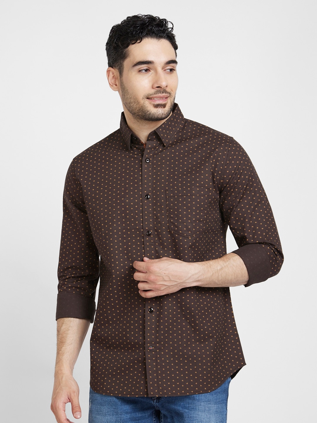 

SPYKAR Slim Fit Classic Micro Ditsy Printed Casual Cotton Shirt, Brown