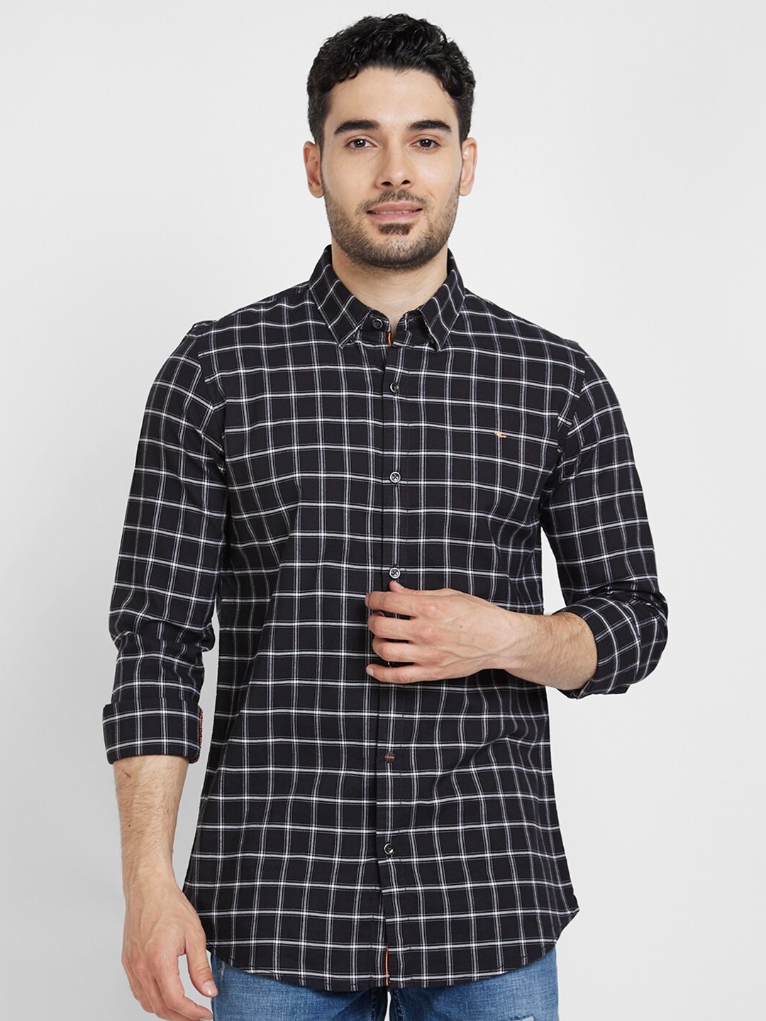 

SPYKAR Classic Fit Windowpane Checked Cotton Casual Shirt, Black