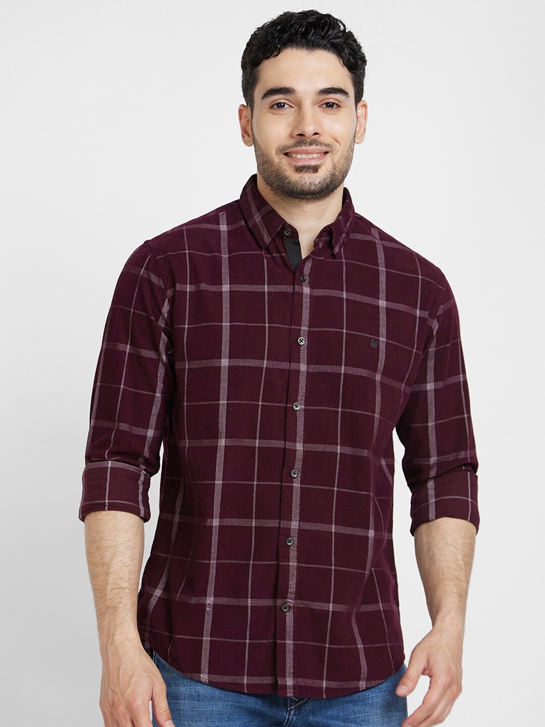 

SPYKAR Classic Windowpane Checked Slim Fit Cotton Casual Shirt, Burgundy