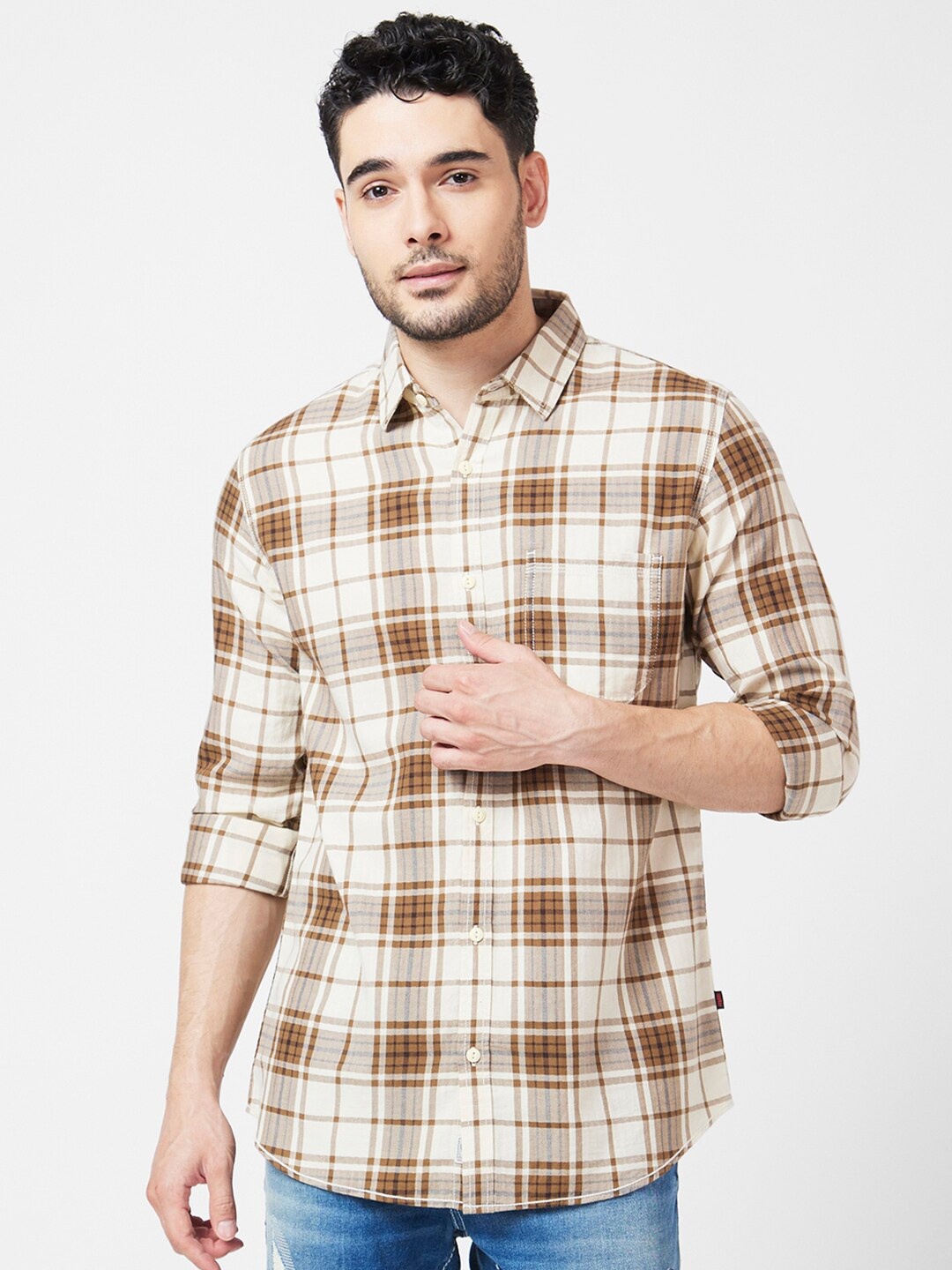 

SPYKAR Classic Tartan Checked Opaque Cotton Casual Shirt, Green