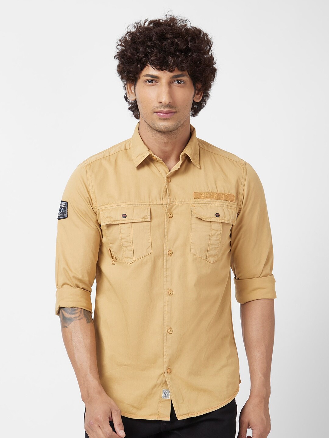 

SPYKAR Classic Slim Fit Opaque Cotton Linen Casual Shirt, Beige