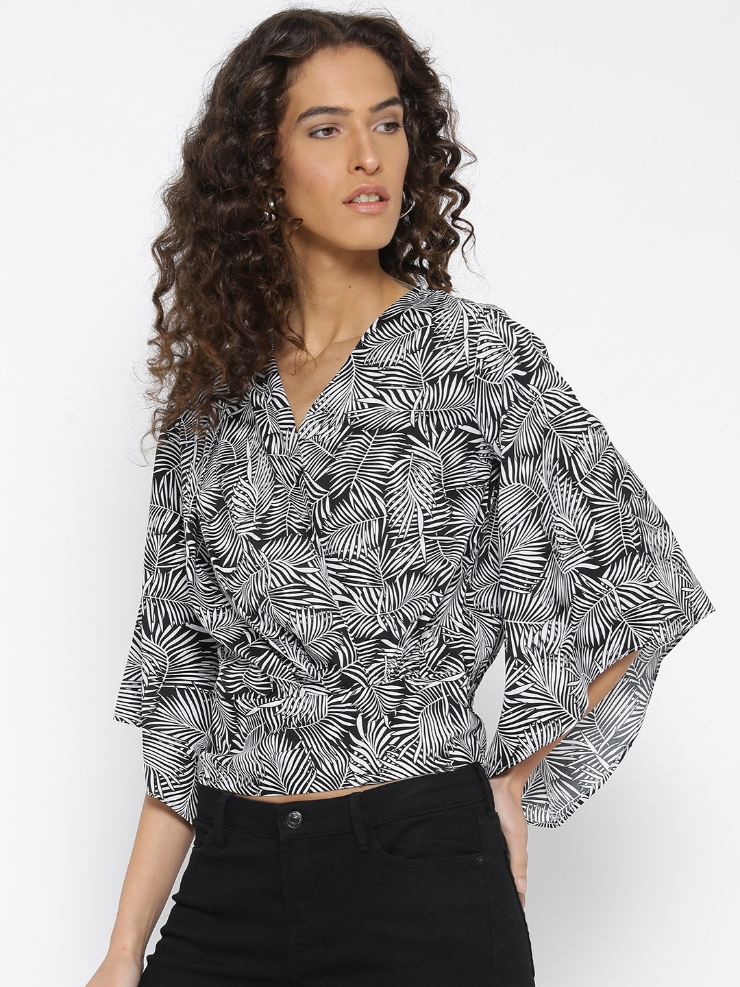 

Style Quotient Women Black & White Tropical Printed Wrap Top