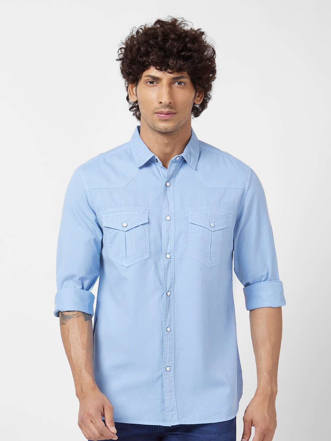 

SPYKAR Classic Slim Fit Twill Casual Cotton Linen Shirt, Blue