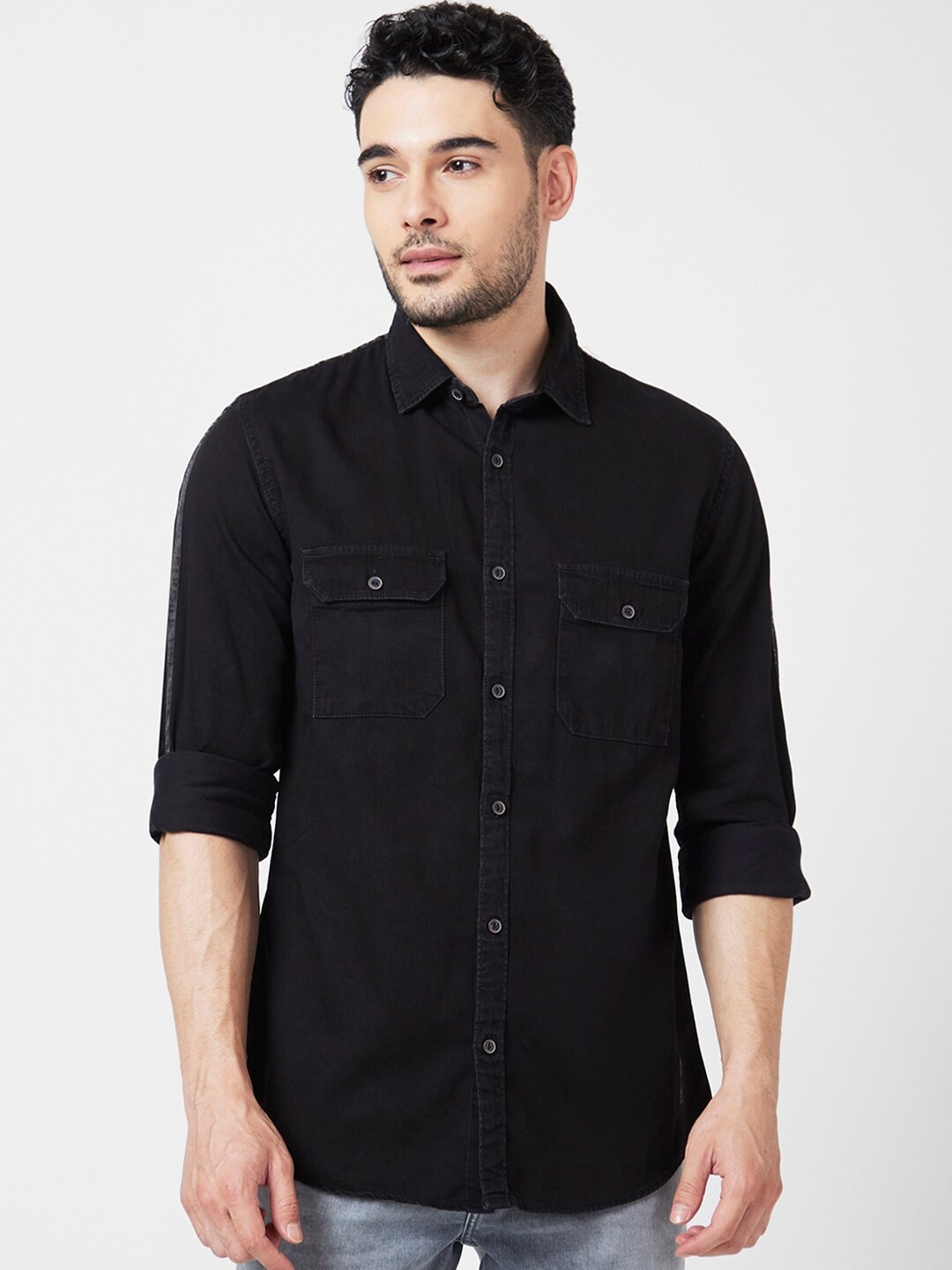 

SPYKAR Classic Slim Fit Denim Weave Cotton Casual Shirt, Black