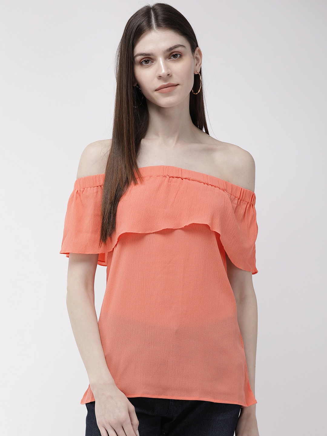 

Style Quotient Women Peach-Coloured Solid Bardot Top