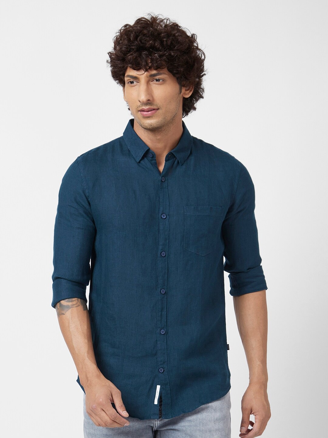 

SPYKAR Classic Opaque Casual Linen Shirt, Green