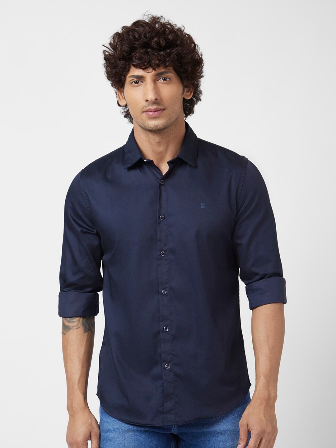 

SPYKAR Spread Collar Classic Opaque Cotton Linen Casual Shirt, Blue