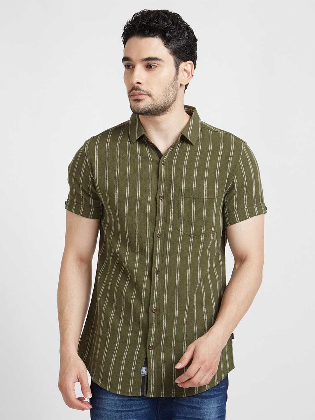 

SPYKAR Classic Striped Slim Fit Cotton Casual Shirt, Green