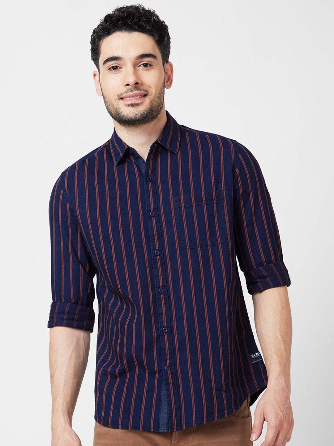 

SPYKAR Classic Slim Fit Vertical Striped Casual Cotton Shirt, Blue