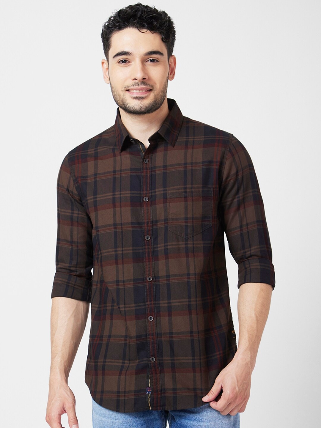 

SPYKAR Tartan Checked Cotton Classic Slim Fit Opaque Casual Shirt, Brown
