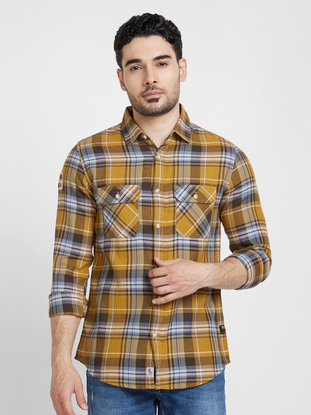 

SPYKAR Classic Tartan Checked Opaque Regular Fit Cotton Casual Shirt, Khaki