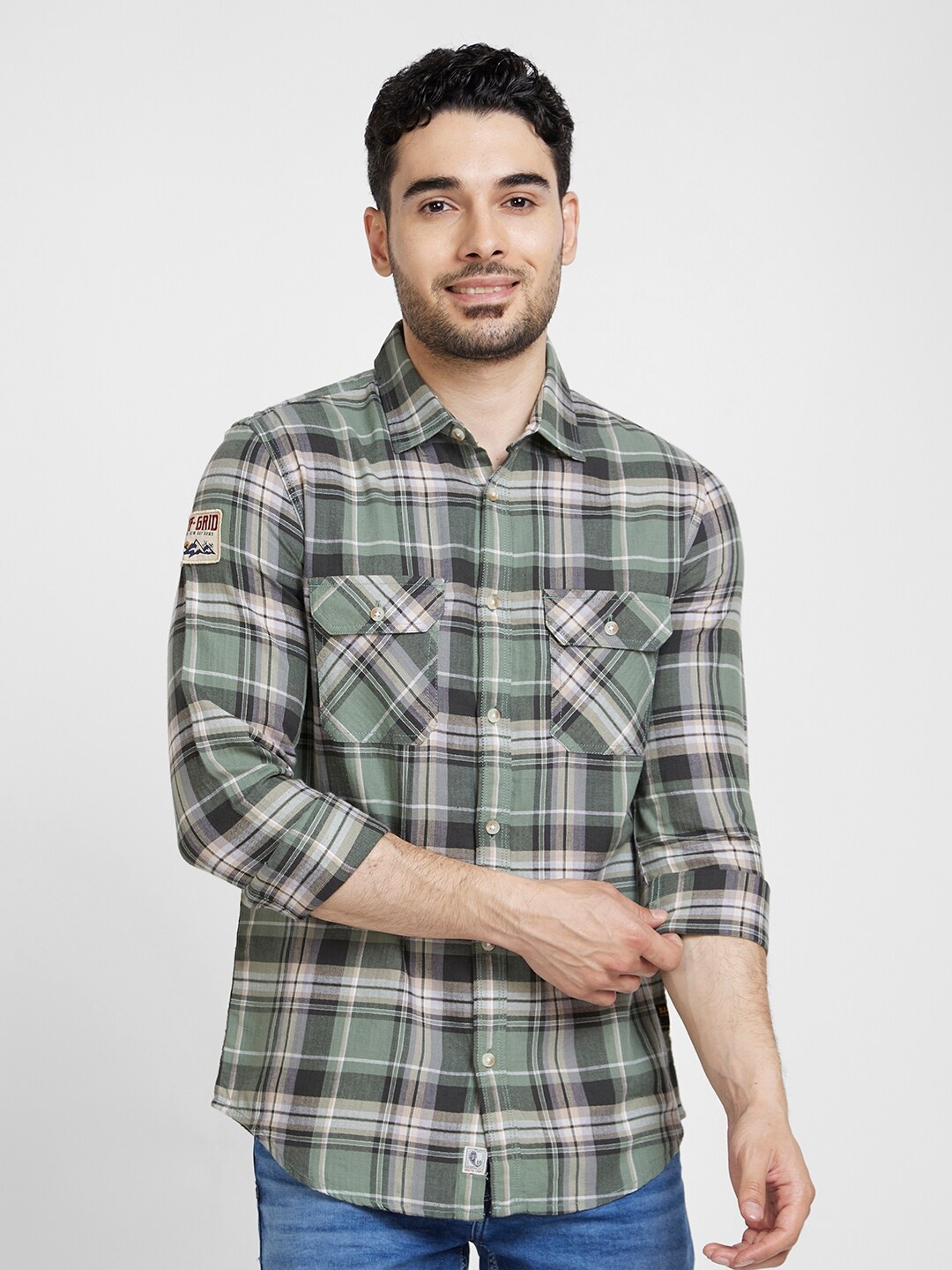 

SPYKAR Classic Checked Opaque Spread Collar Opaque Cotton Casual Shirt, Green