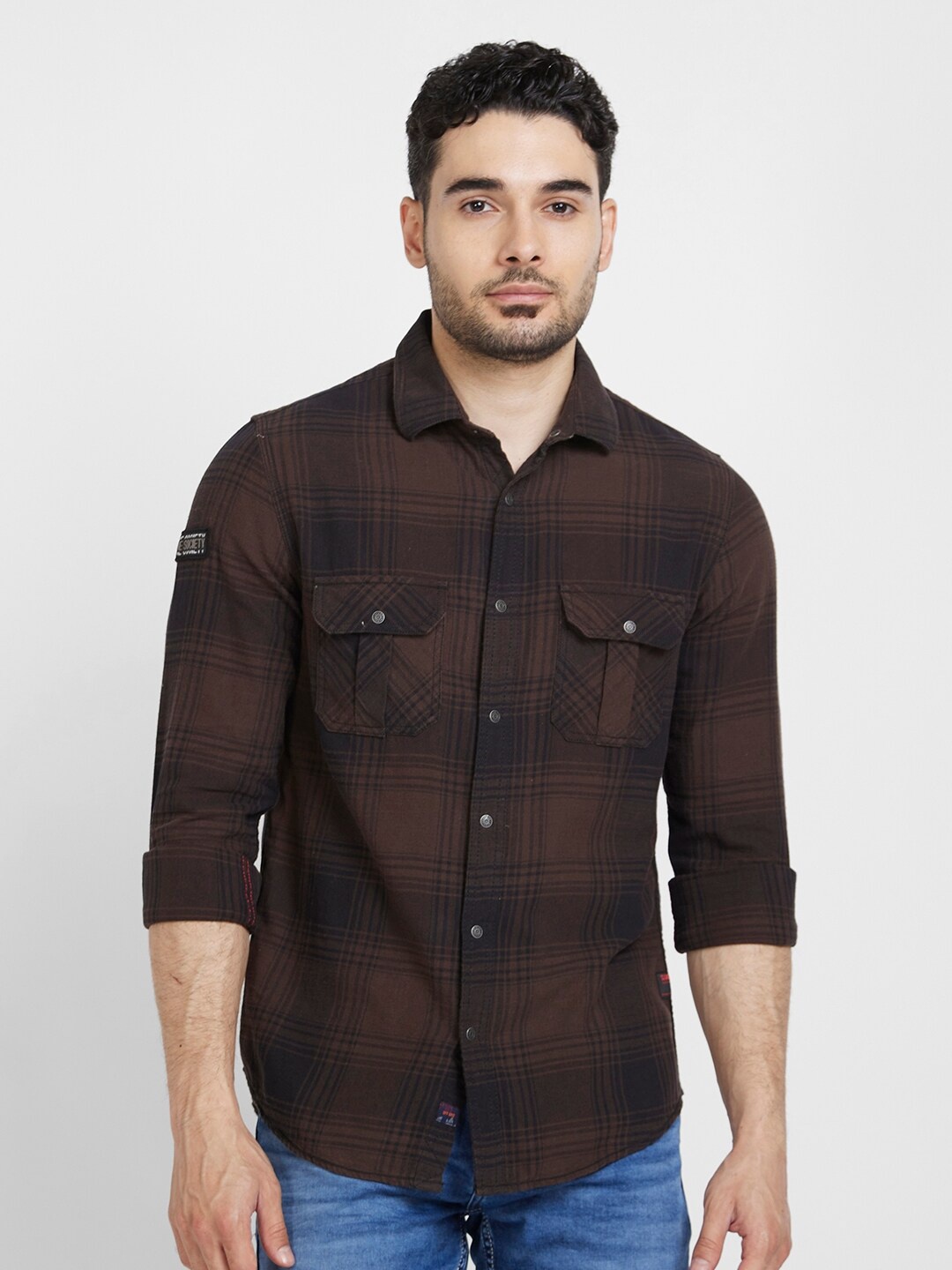 

SPYKAR Classic Slim Fit Tartan Checks Cotton Casual Shirt, Brown