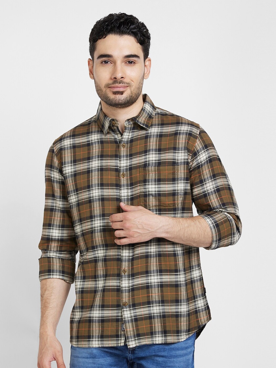 

SPYKAR Classic Tartan Checked Cotton Casual Shirt, Brown