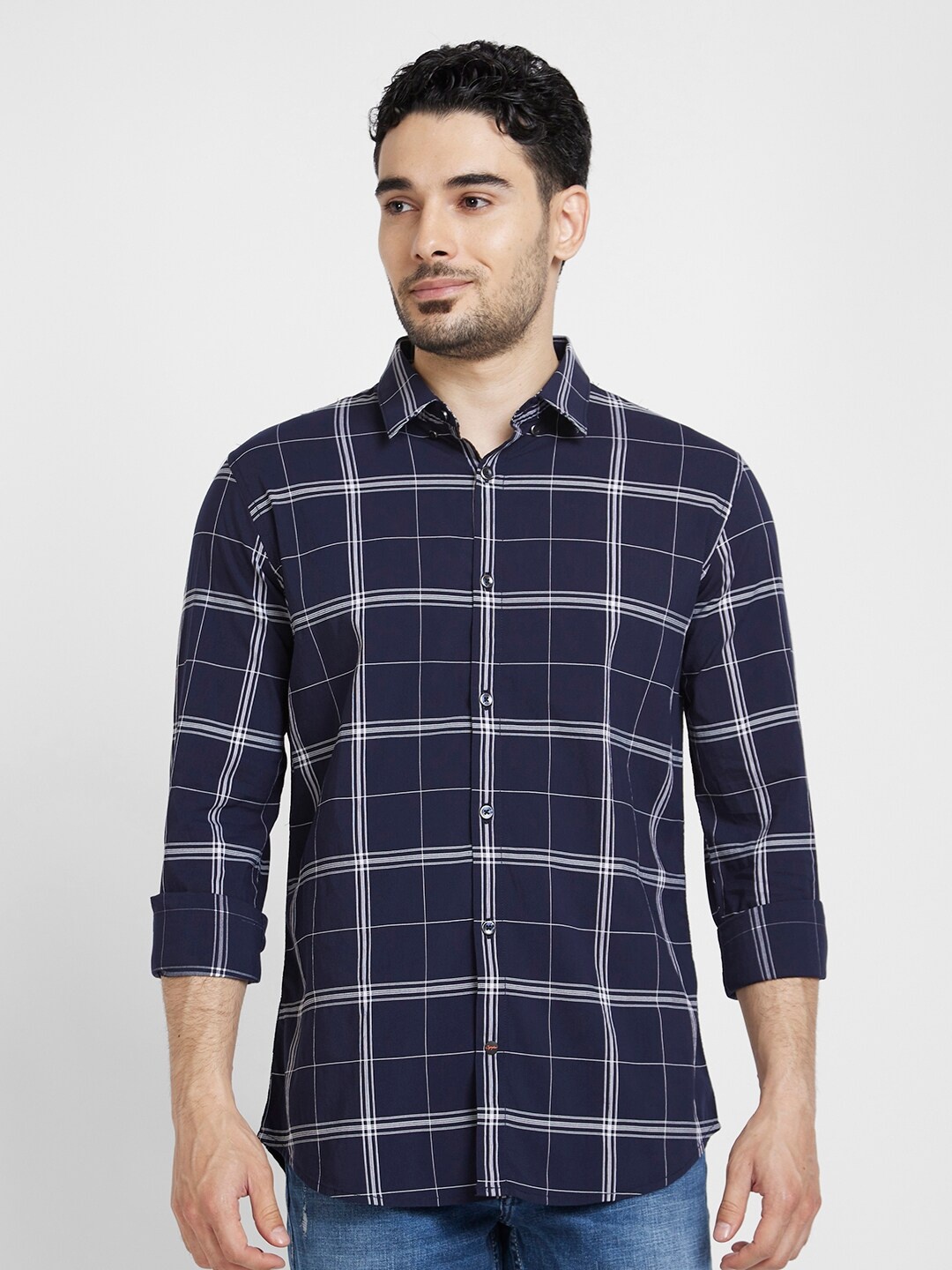 

SPYKAR Classic Windowpane Checked Cotton Casual Shirt, Blue