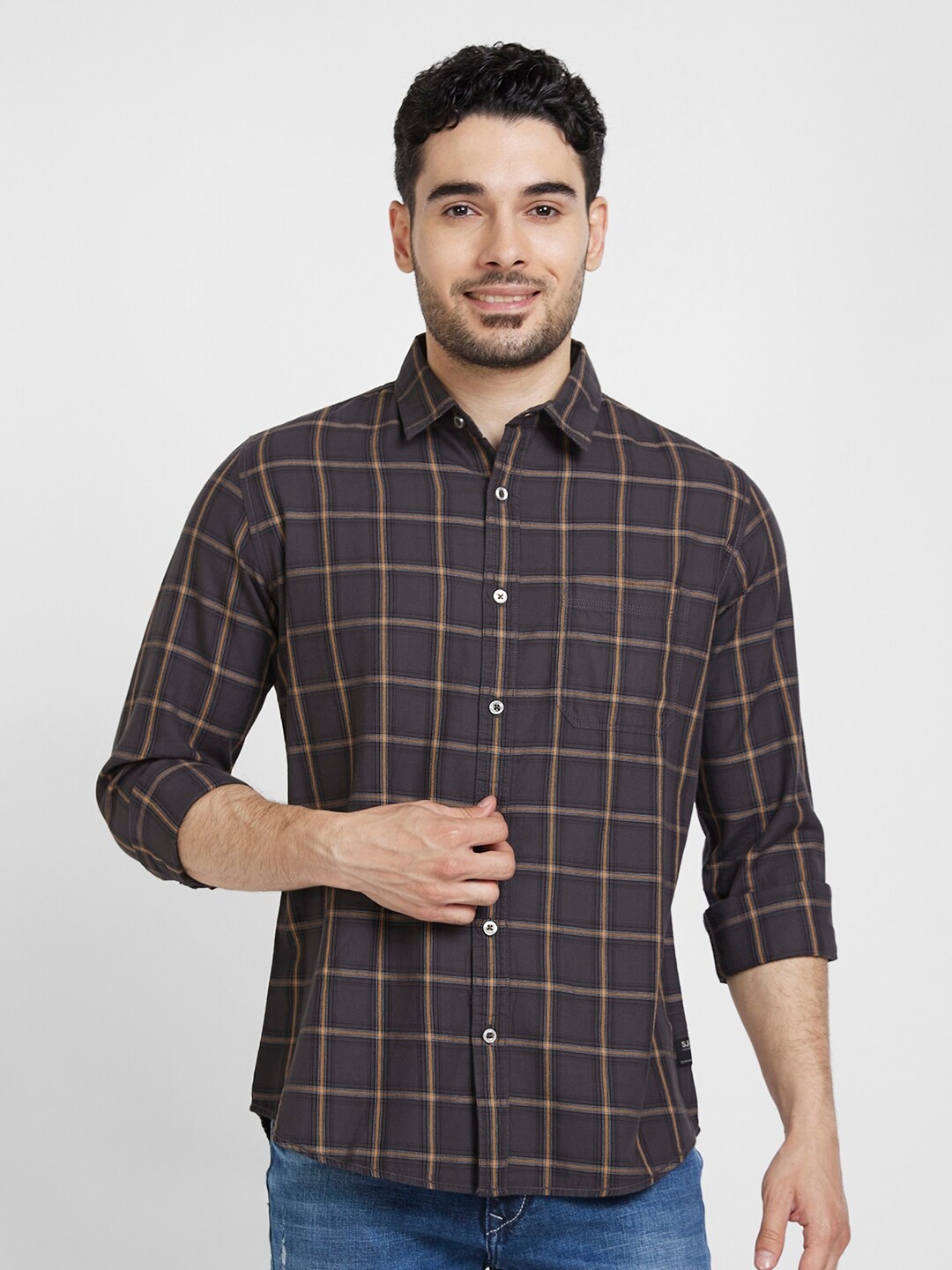 

SPYKAR Classic Slim Fit Windowpane Checked Casual Cotton Shirt, Brown