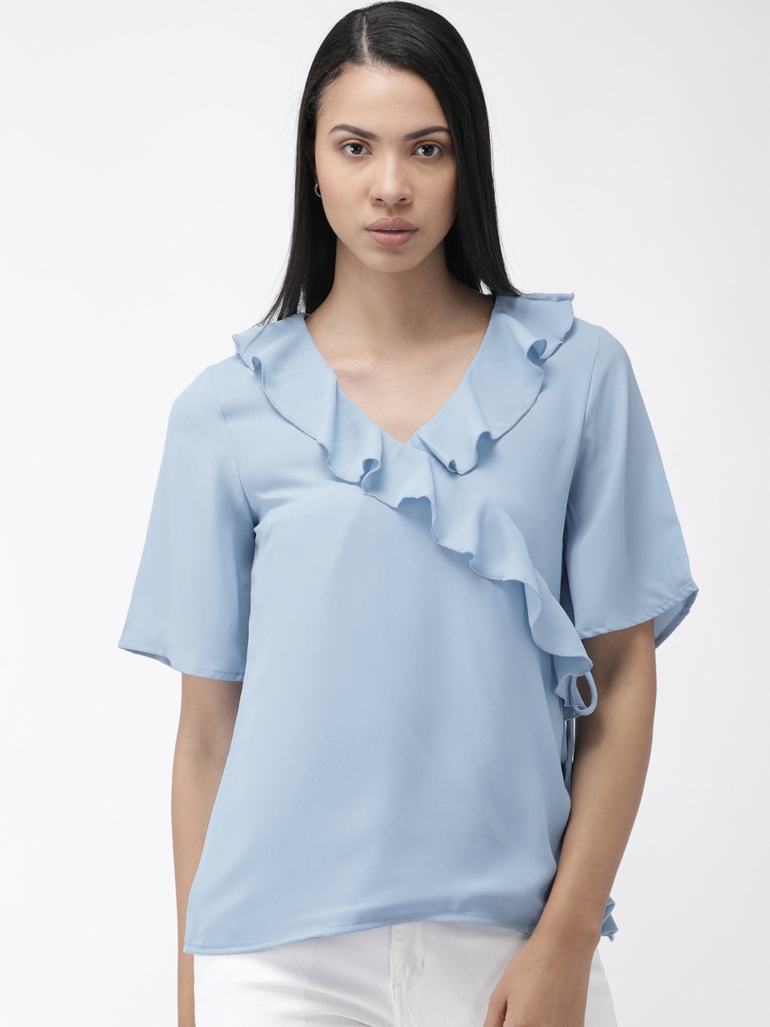 

Style Quotient Women Blue Solid Ruffled Wrap Top