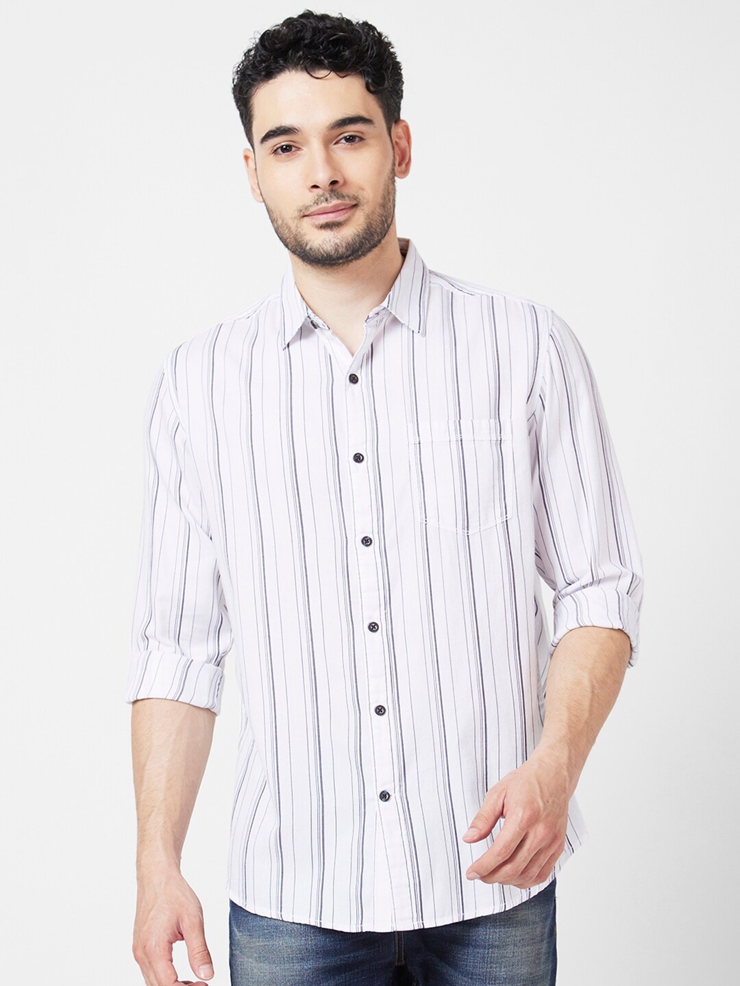 

SPYKAR Classic Slim Fit Vertical Striped Cotton Casual Shirt, White