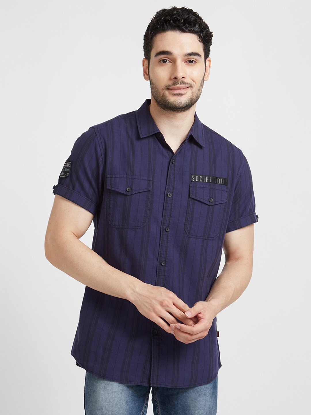 

SPYKAR Striped Cotton Classic Slim Fit Opaque Casual Shirt, Blue