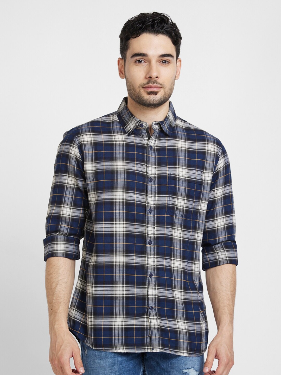 

SPYKAR Tartan Checked Cotton Classic Opaque Casual Shirt, Blue