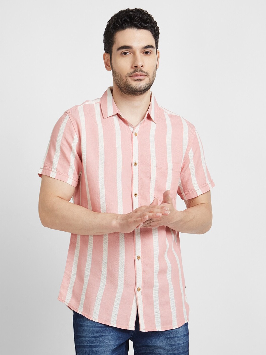 

SPYKAR Classic Slim Fit Opaque Striped Casual Cotton Shirt, Pink