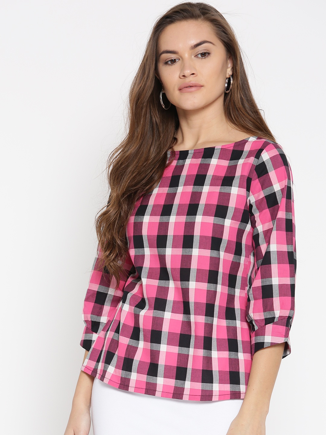 

Style Quotient Women Pink Checked Pure Cotton Top
