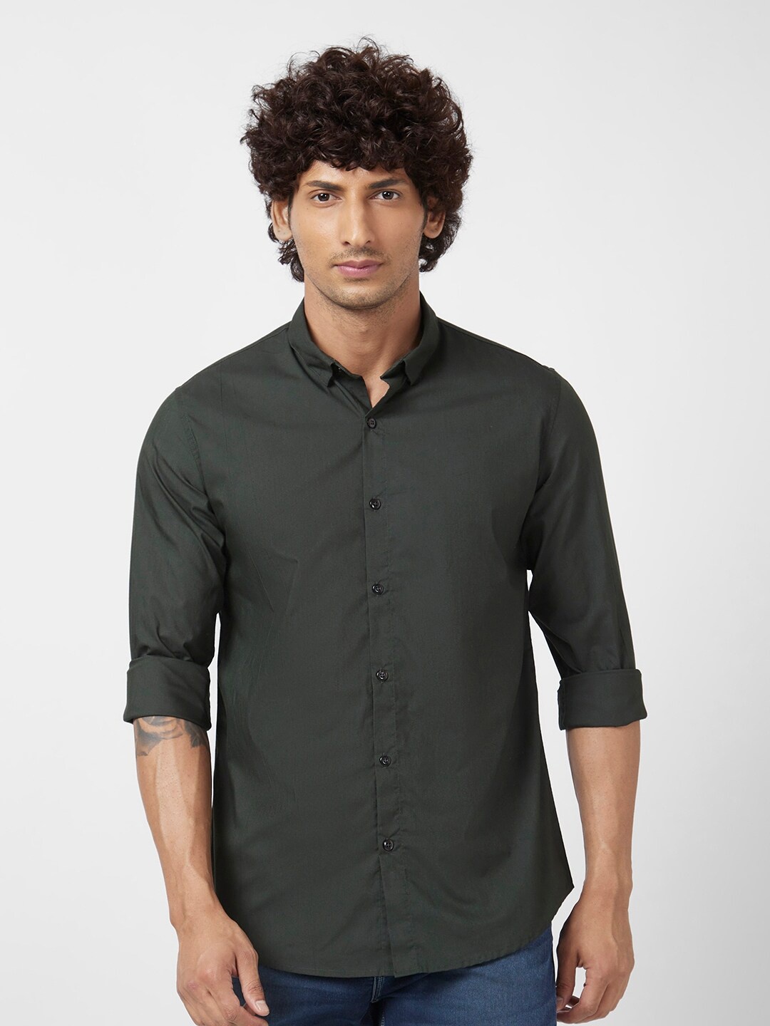 

SPYKAR Classic Spread Collar Cotton Linen Casual Shirt, Green