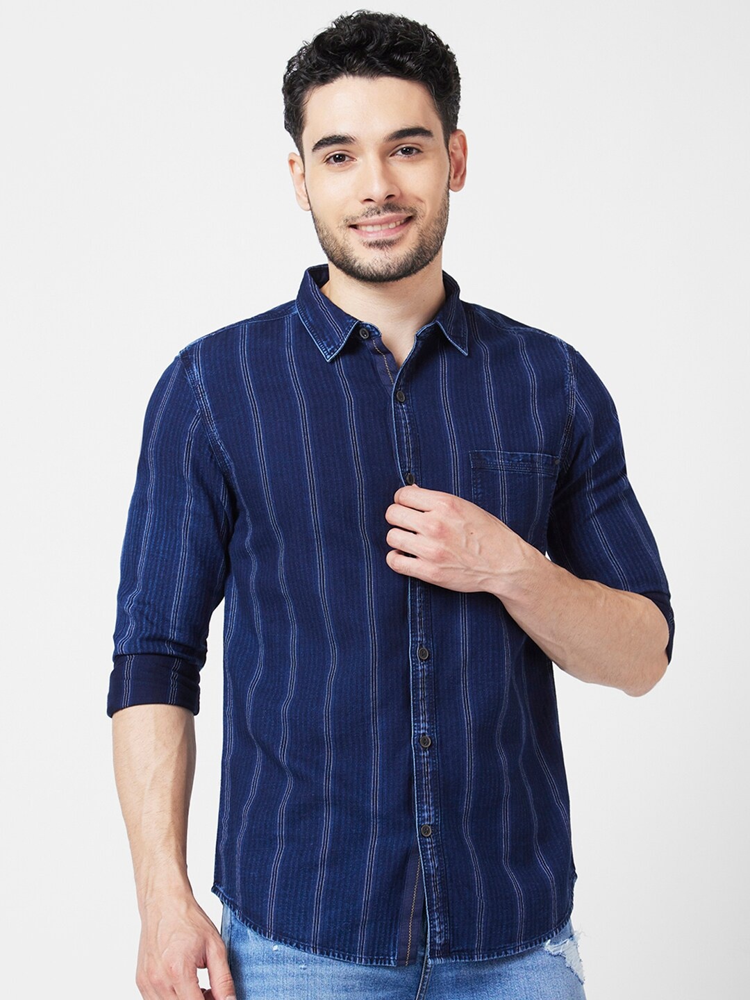 

SPYKAR Classic Slim Fit Opaque Striped Cotton Casual Shirt, Blue