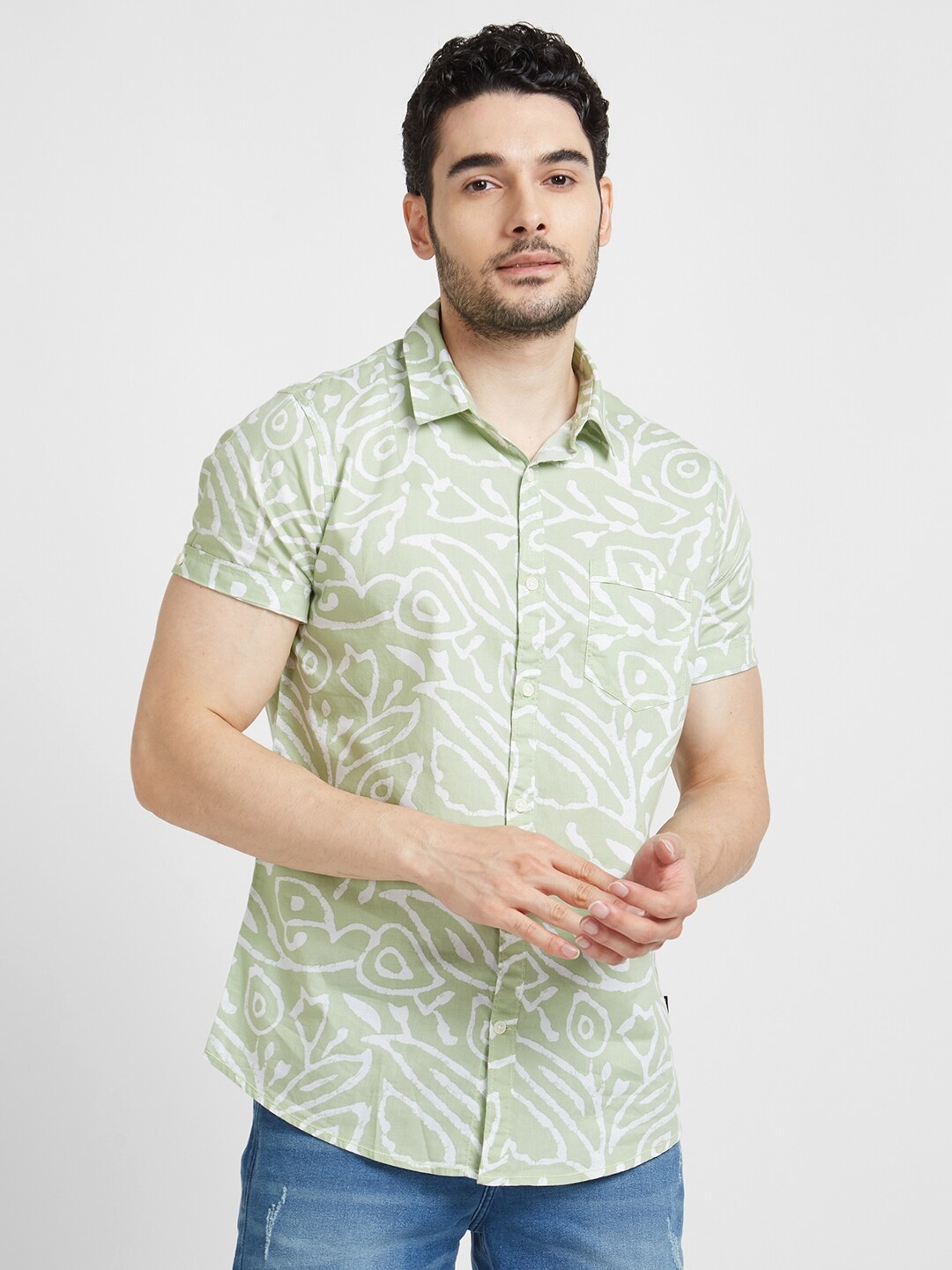 

SPYKAR Classic Floral Printed Casual Cotton Shirt, Green