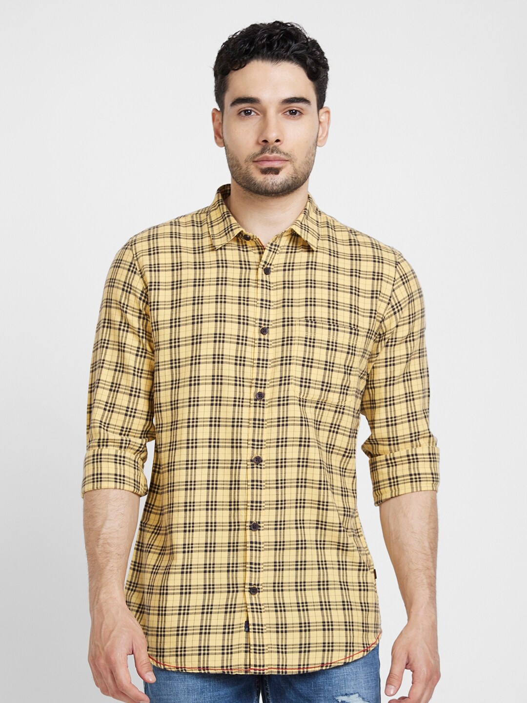 

SPYKAR Classic Slim Fit Tartan Checked Casual Cotton Shirt, Yellow