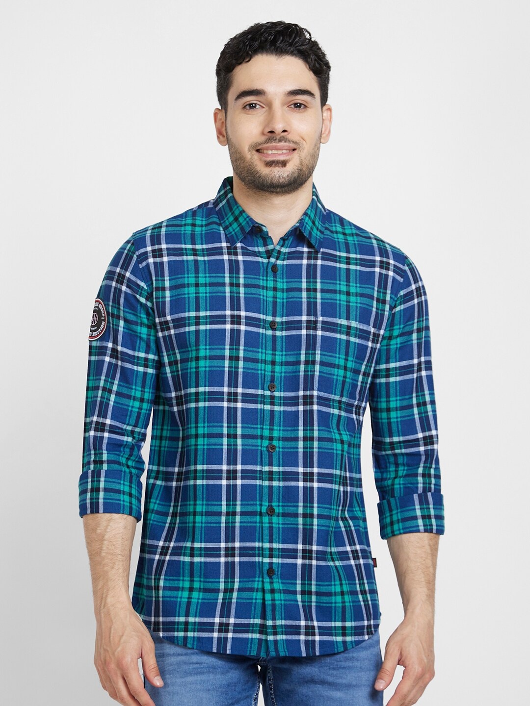 

SPYKAR Classic Tartan Checked Slim Fit Cotton Casual Shirt, Blue