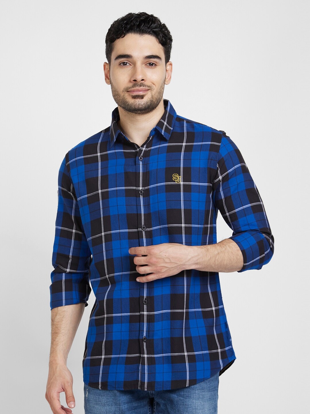 

SPYKAR Classic Tartan Checks Opaque Cotton Linen Casual Shirt, Blue