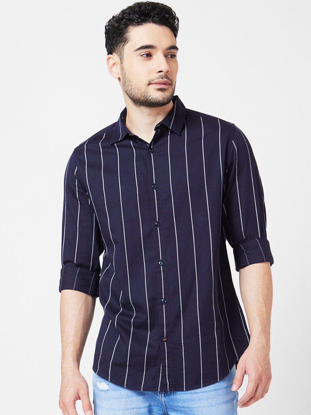 

SPYKAR Long Sleeves Classic Slim Fit Striped Casual Cotton Shirt, Blue