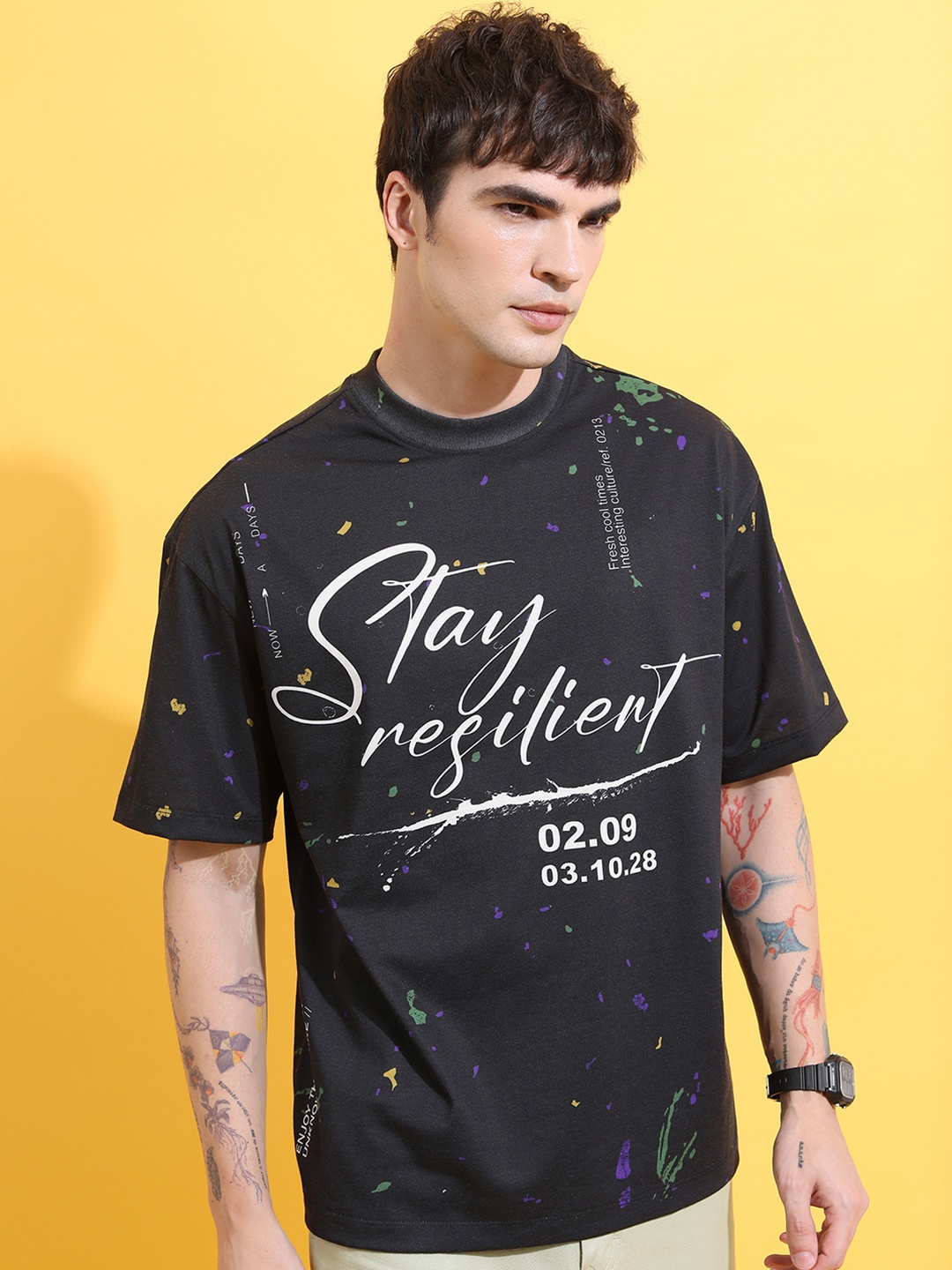 

HIGHLANDER Unisex Printed Drop-Shoulder Sleeves Oversized T-shirt, Black