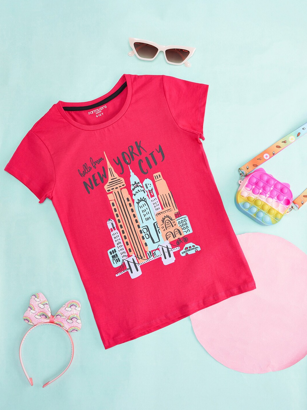 

Pantaloons Junior Girls People and Places Printed Cotton T-shirt, Fuchsia