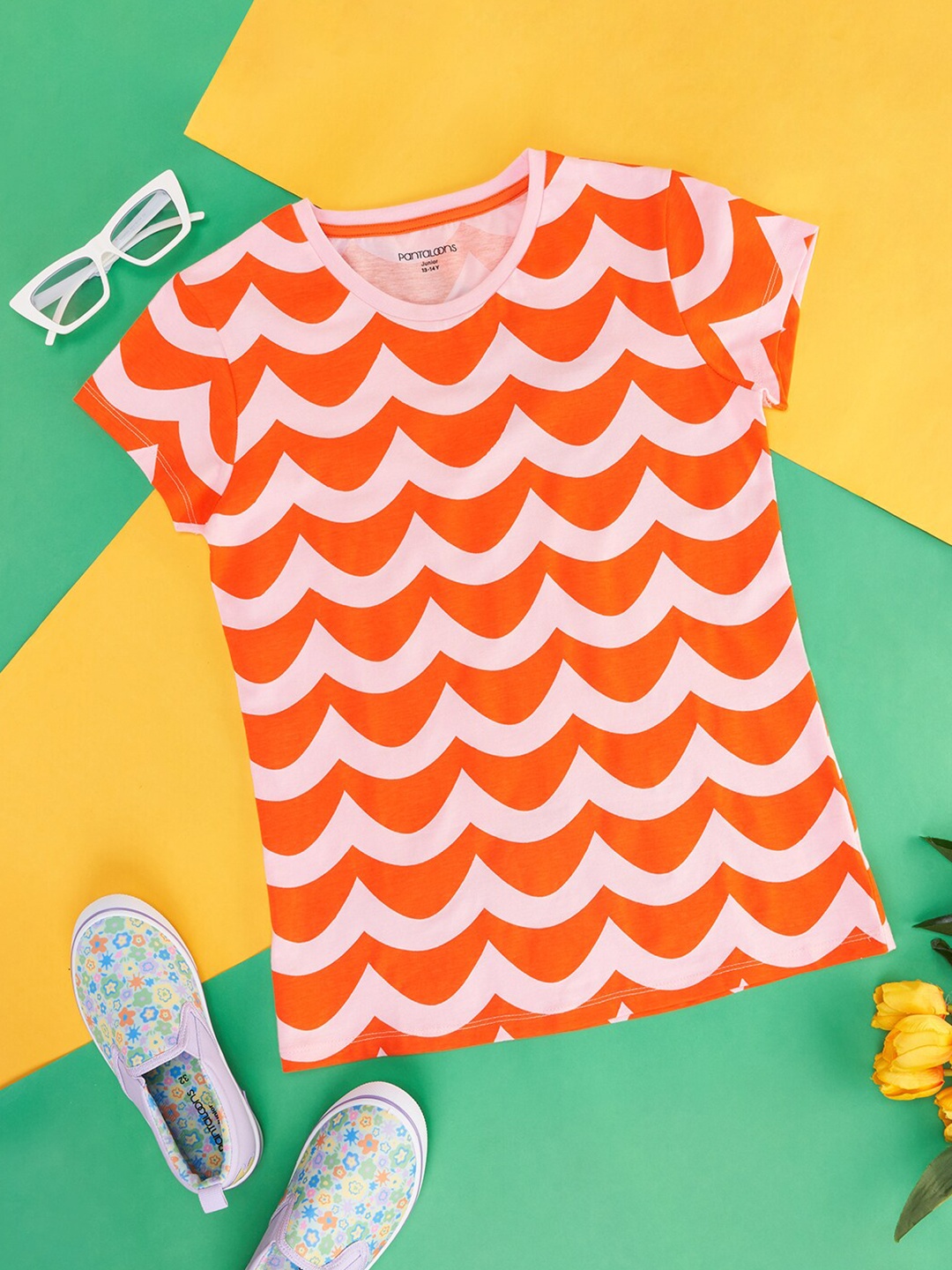 

Pantaloons Junior Girls Abstract Printed Cotton T-shirt, Orange